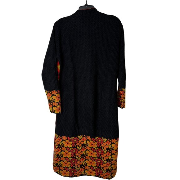 Teacher Long Knit Sweater Black Multicolor Floral Jacquard Pattern L Boho Artsy - Picture 3 of 9